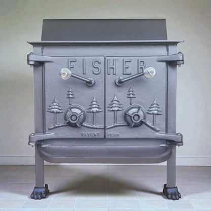 Fisher Grandma Bear wood stove with rear vent chimney and optional cooking surface.
