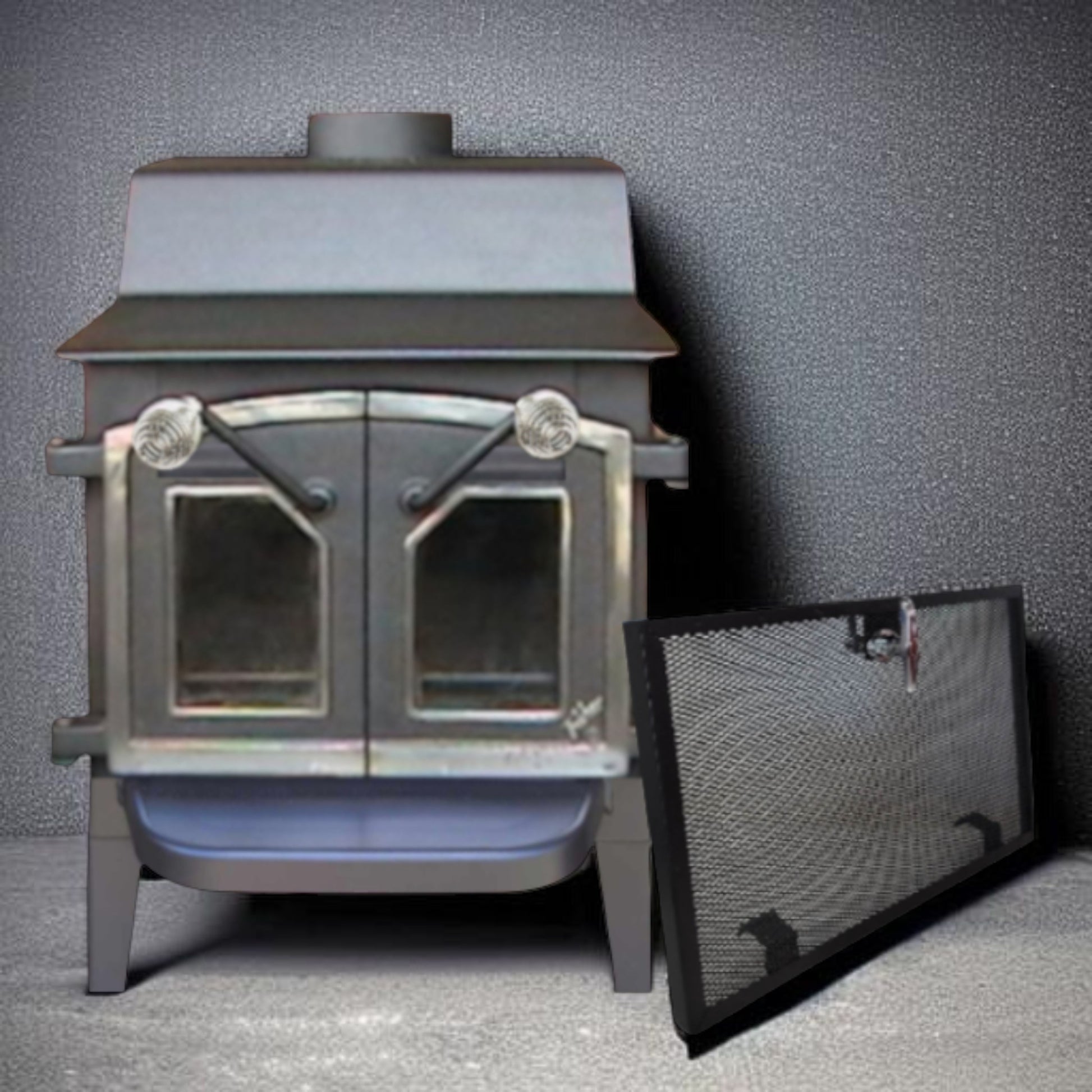 Wood stove with a filter on a gray background