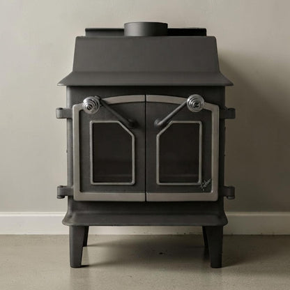 Fisher Grandma Bear wood stove with glass doors nickel trim
