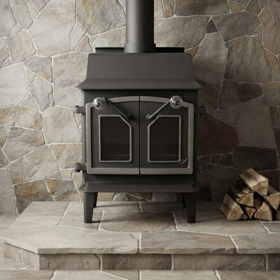 Fisher Grandma Bear wood stove with glass doors nickel trim