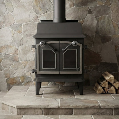 Fisher Grandma Bear wood stove with glass doors nickel trim