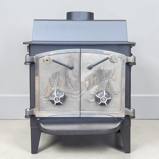 Vintage Fisher Grandma Bear wood stove with full nickel cathedral doors and top chimney vent.
