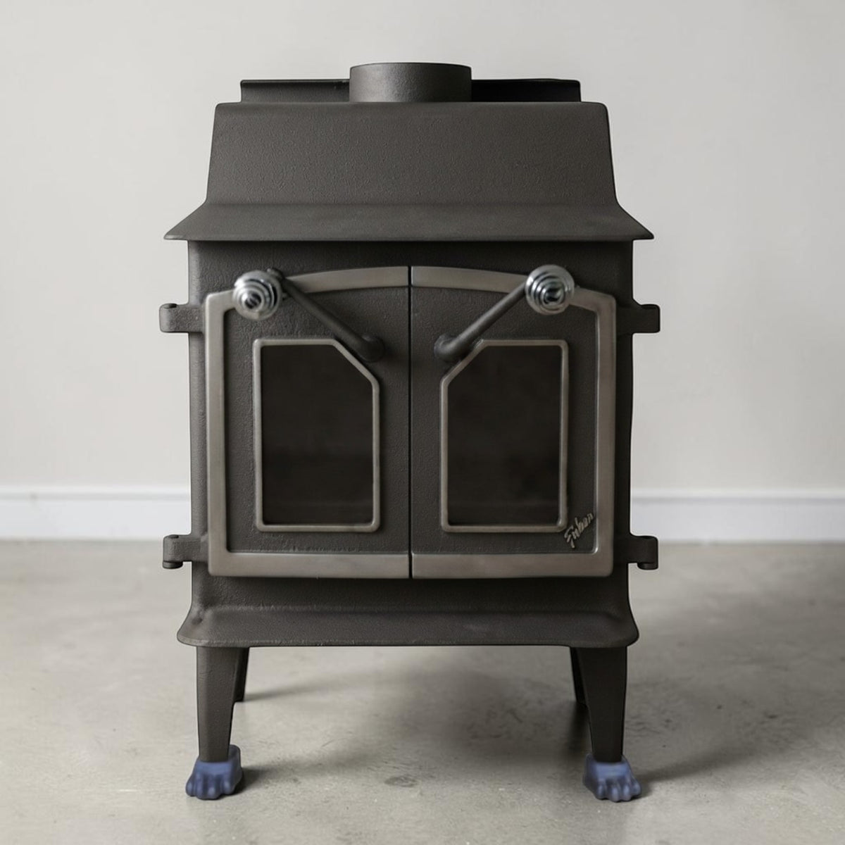 Fisher Grandma Bear wood stove with glass doors nickel trim