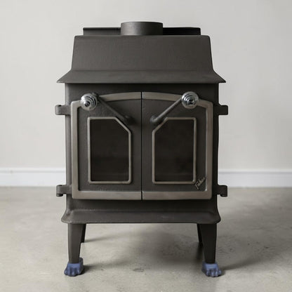 Fisher Grandma Bear wood stove with glass doors nickel trim