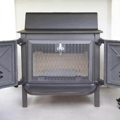 Fisher Grandma Bear wood stove with rear vent chimney and optional cooking surface.
