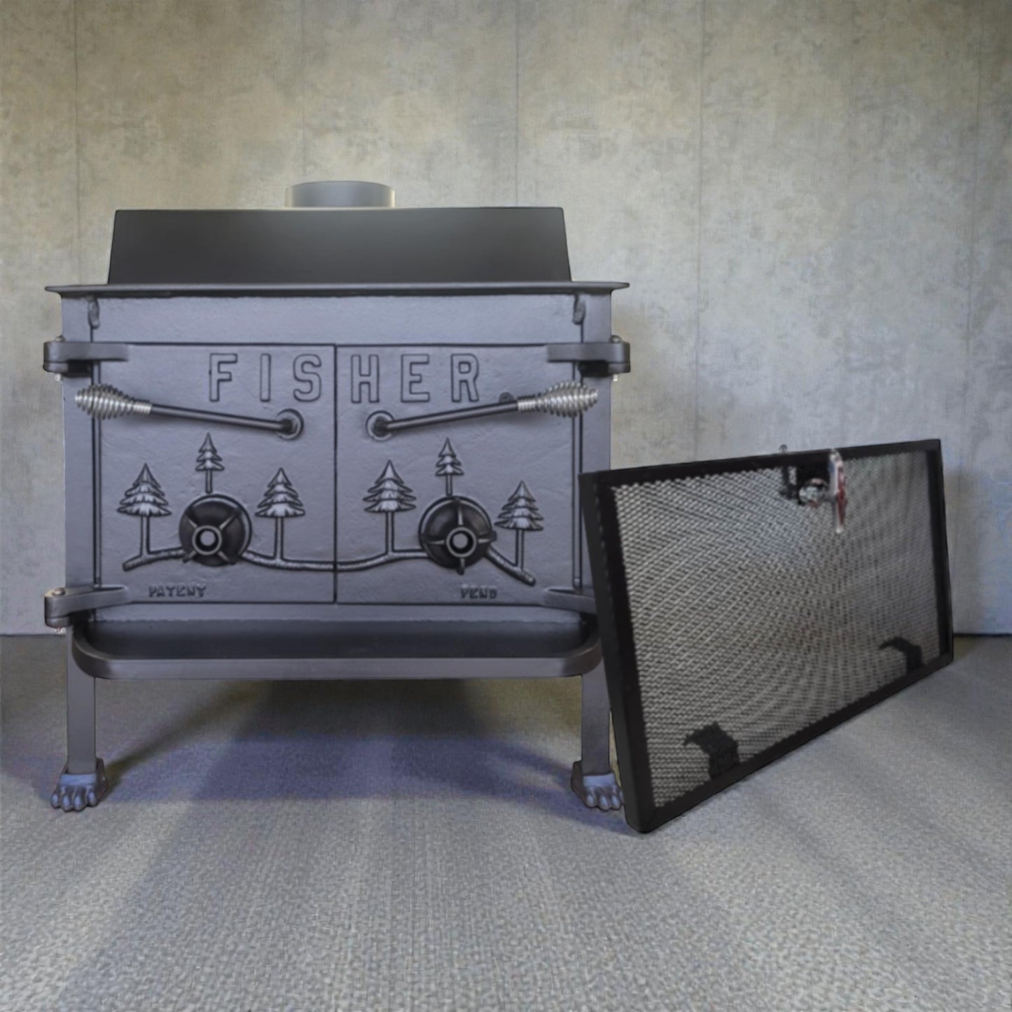 Fisher wood stove with a screen on a gray floor against a neutral wall