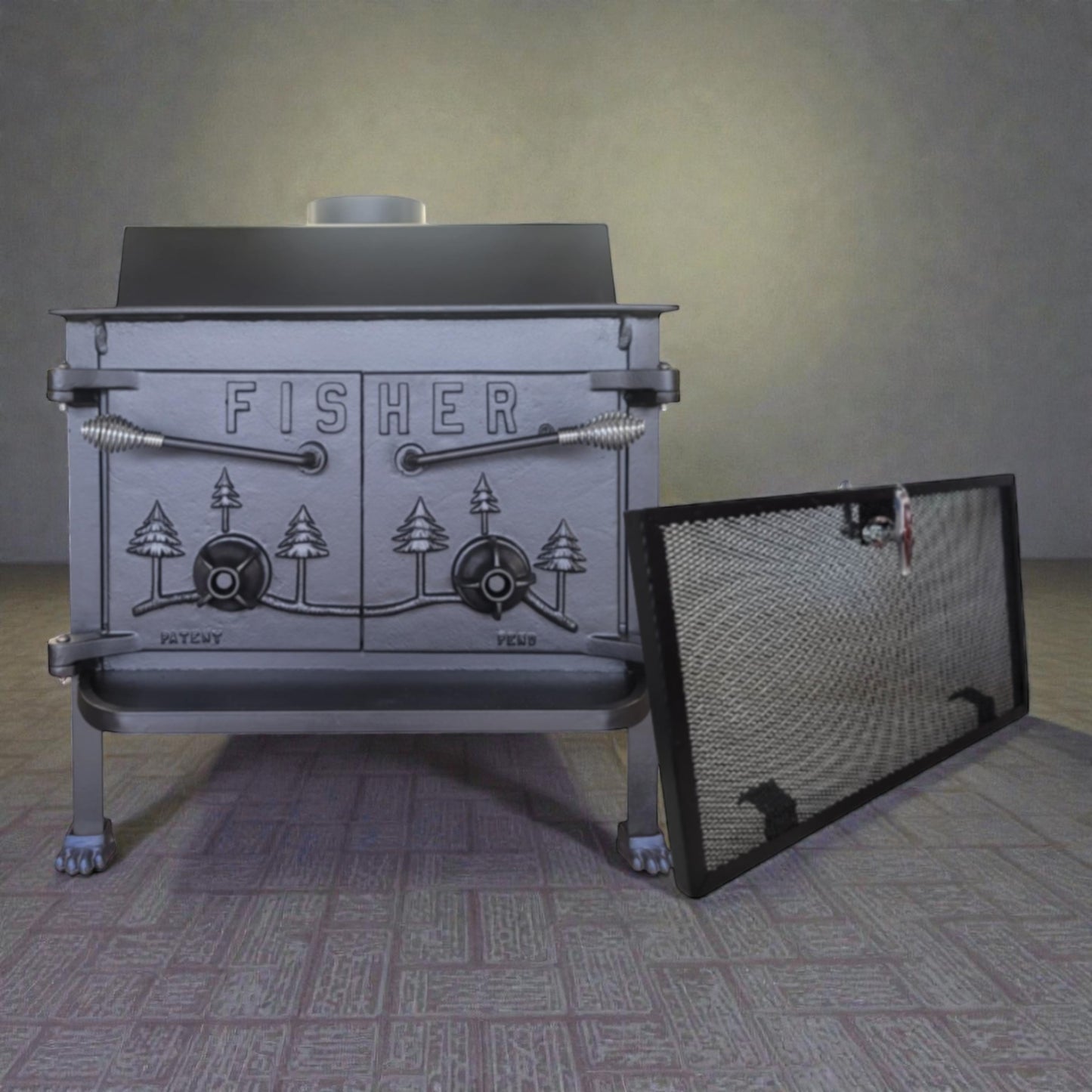 Fisher wood stove with a screen on a patterned floor