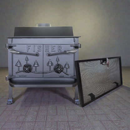 Fisher wood stove with a screen on a patterned floor