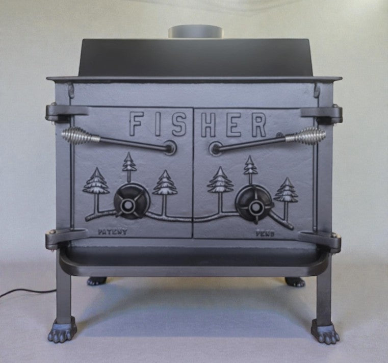 Fisher wood stove with engraved design on a light gray background