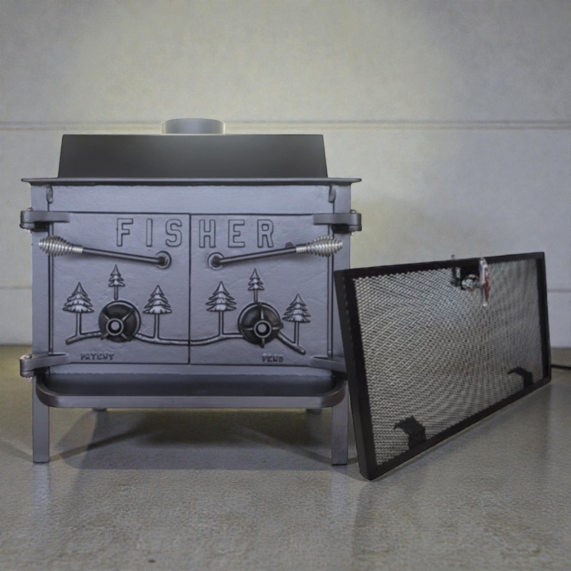 Fisher wood stove with a screen on a gray background