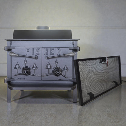 Fisher wood stove with a screen on a gray background