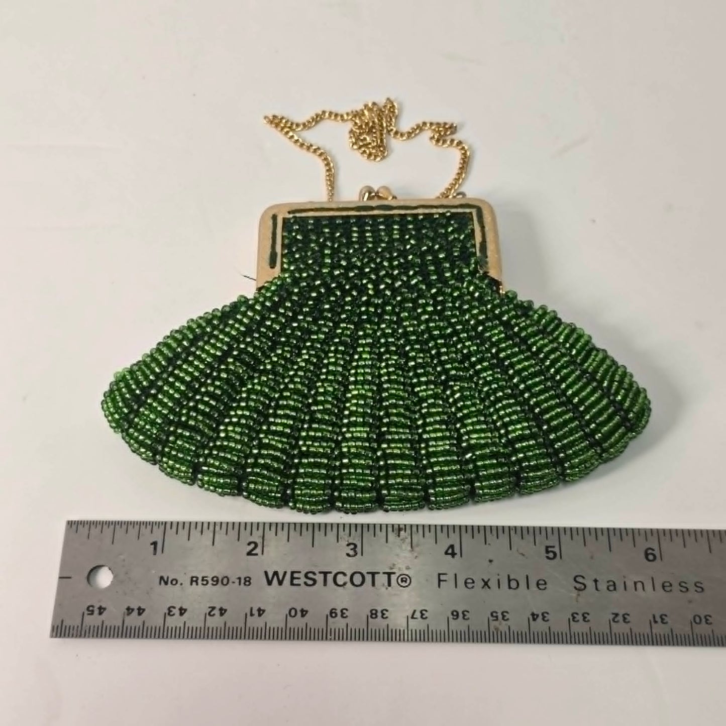 Vintage fan-shaped beaded clutch purse with iridescent green micro glass beads