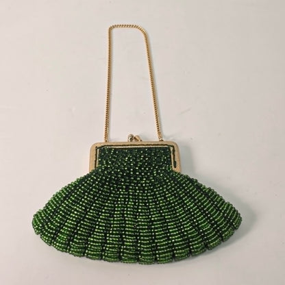 Vintage fan-shaped beaded clutch purse with iridescent green micro glass beads