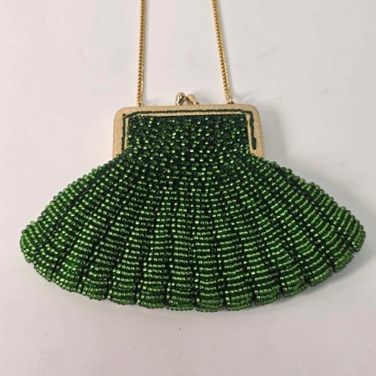 Vintage fan-shaped beaded clutch purse with iridescent green micro glass beads