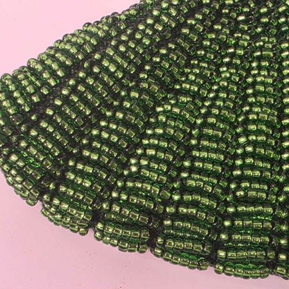 Vintage fan-shaped beaded clutch purse with iridescent green micro glass beads