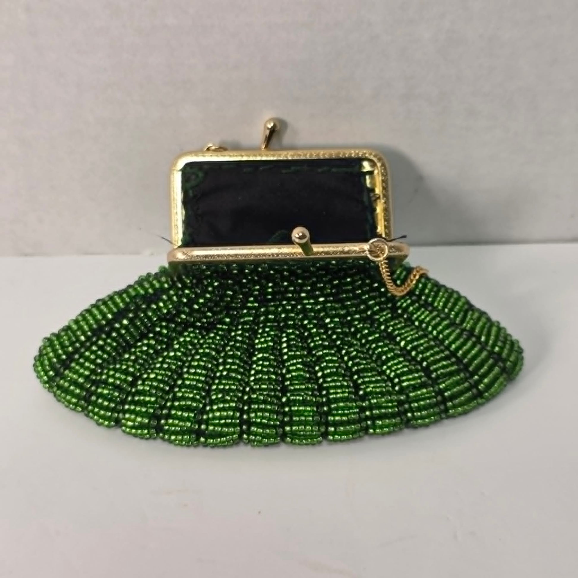 Vintage fan-shaped beaded clutch purse with iridescent green micro glass beads