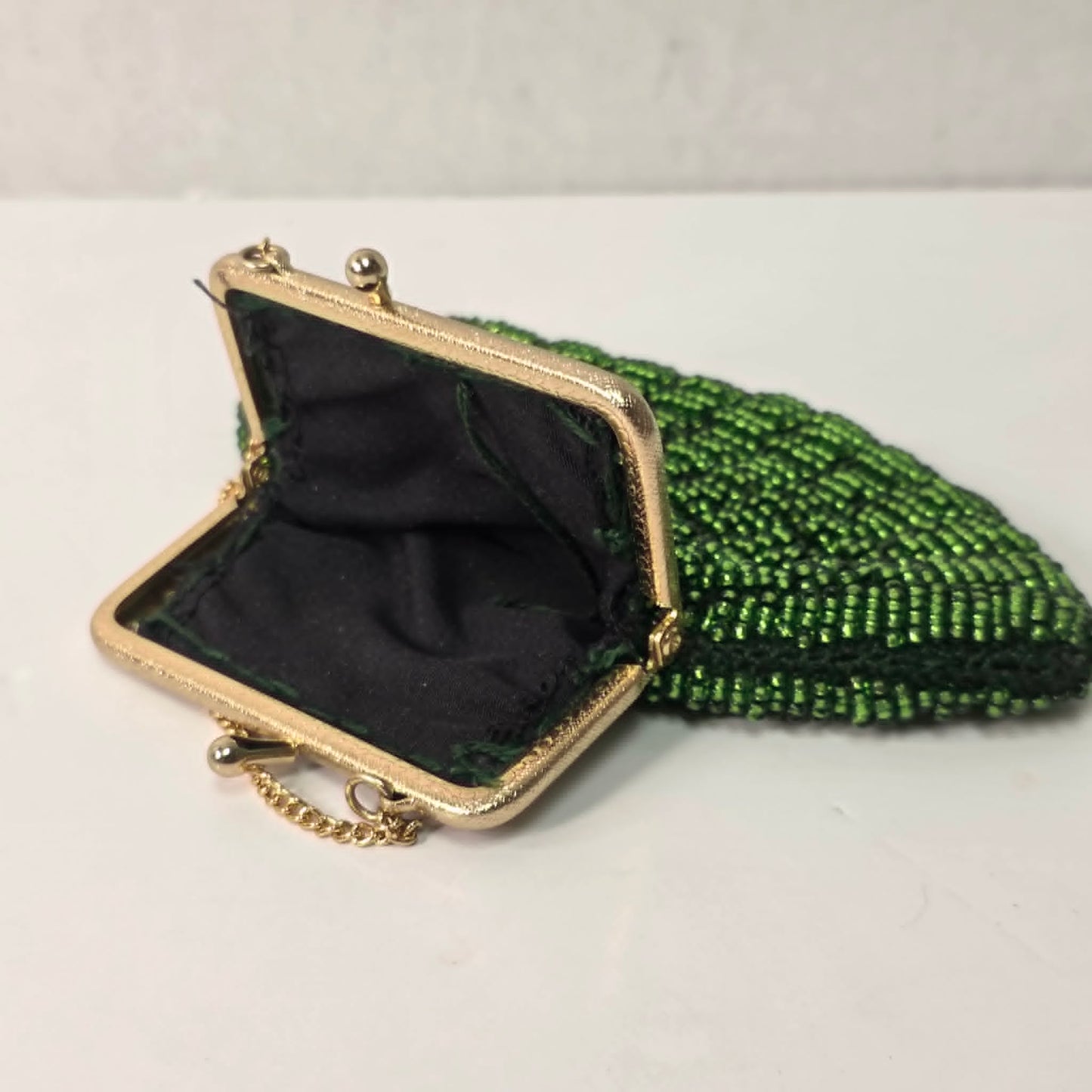 Vintage fan-shaped beaded clutch purse with iridescent green micro glass beads