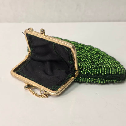 Vintage fan-shaped beaded clutch purse with iridescent green micro glass beads