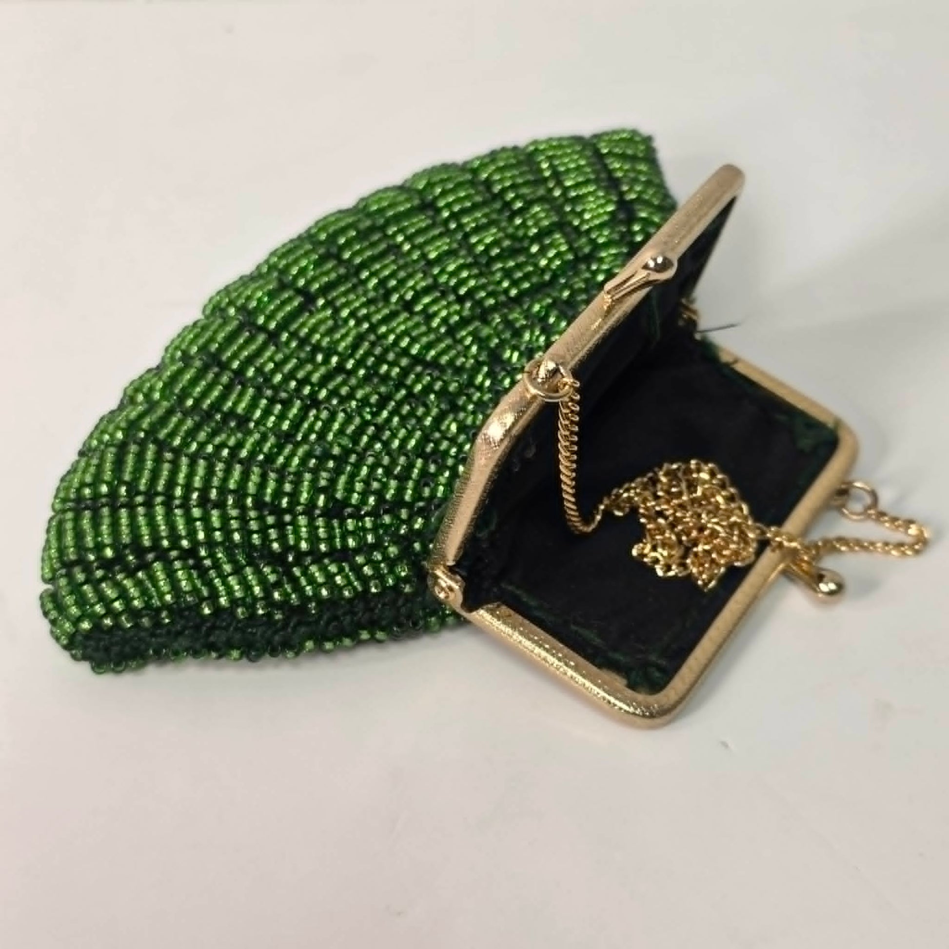 Vintage fan-shaped beaded clutch purse with iridescent green micro glass beads
