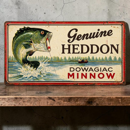 Rustic Heddon Dowagiac Minnow aluminum fishing sign for cabin and man cave decor.
