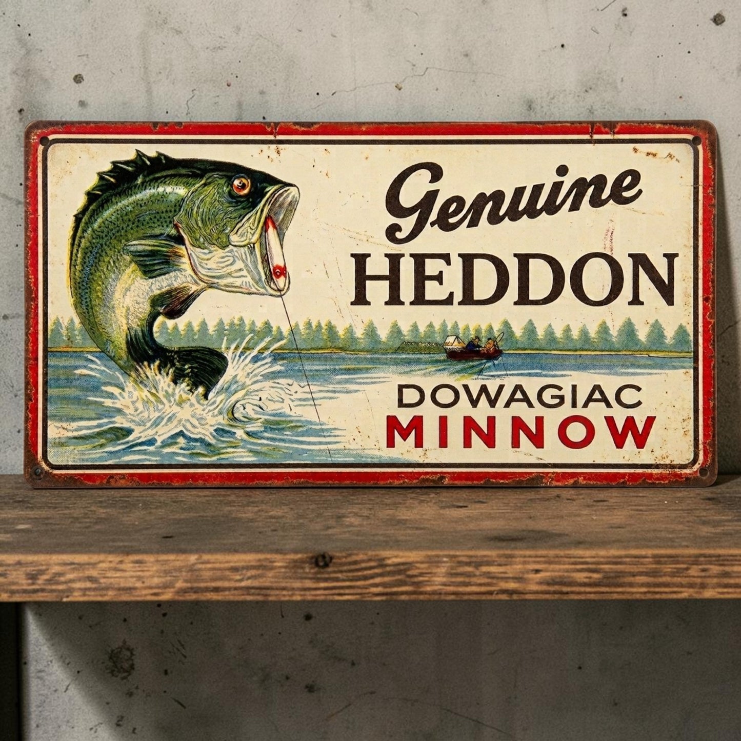Rustic Heddon Dowagiac Minnow aluminum fishing sign for cabin and man cave decor.
