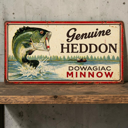 Rustic Heddon Dowagiac Minnow aluminum fishing sign for cabin and man cave decor.
