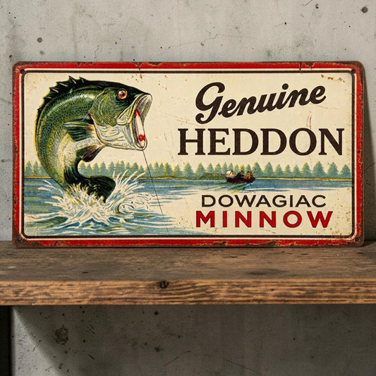 Rustic Heddon Dowagiac Minnow aluminum fishing sign for cabin and man cave decor.

