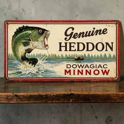 Rustic Heddon Dowagiac Minnow aluminum fishing sign for cabin and man cave decor.
