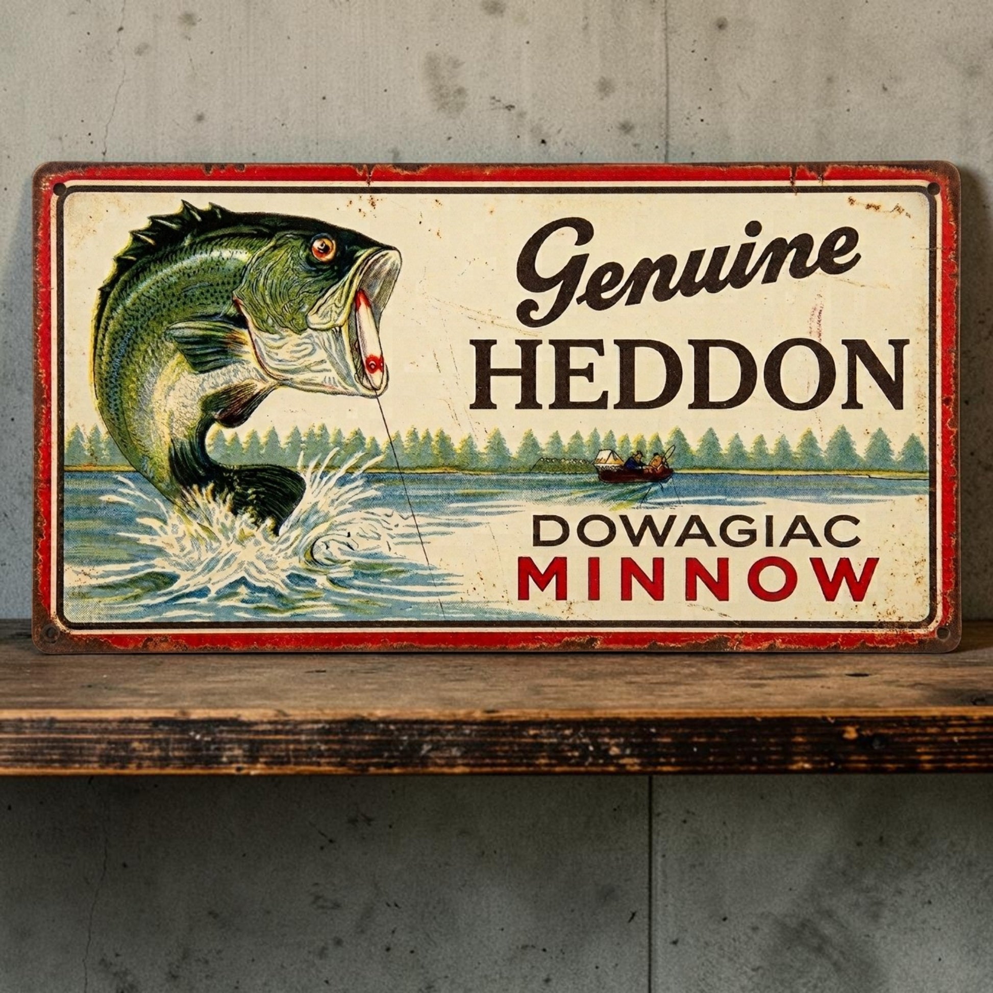 Rustic Heddon Dowagiac Minnow aluminum fishing sign for cabin and man cave decor.
