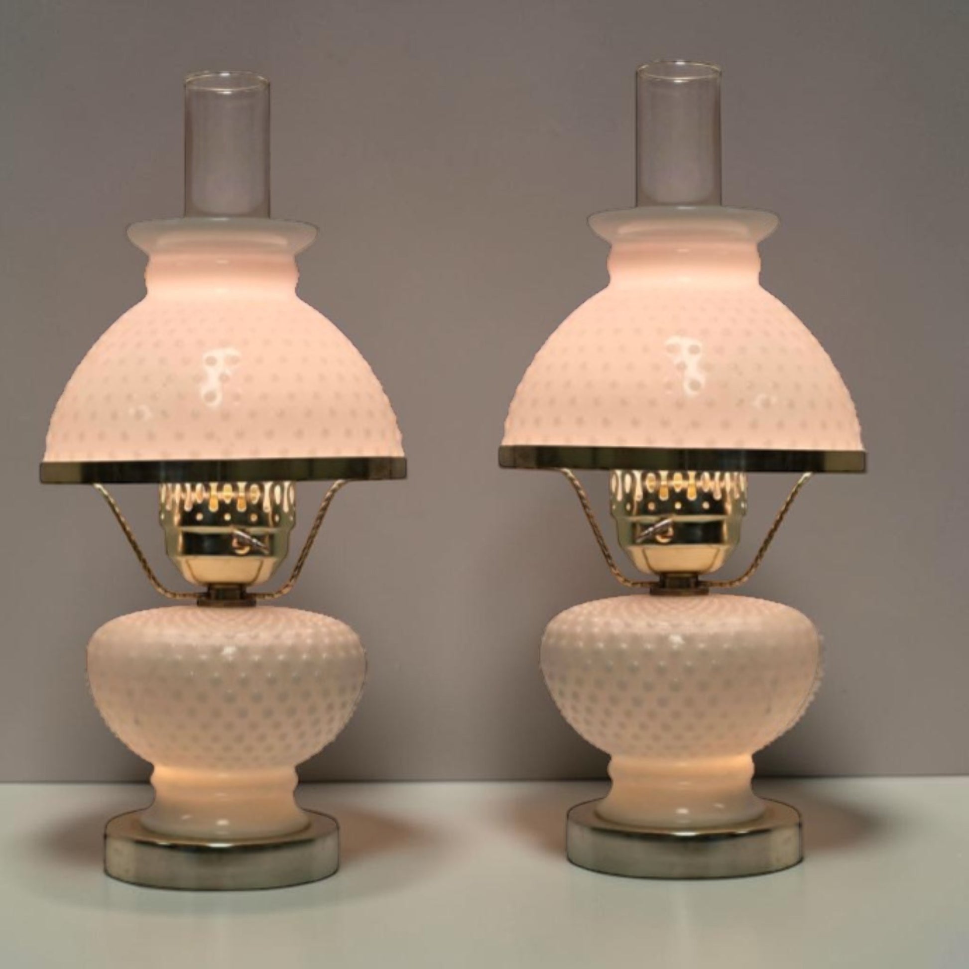 Classic white milk glass hobnail Gone with the Wind hurricane lamps—available individually or purchase both for a beautiful matching pair.