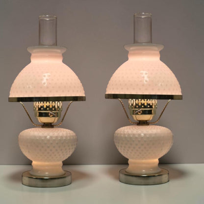 Classic white milk glass hobnail Gone with the Wind hurricane lamps—available individually or purchase both for a beautiful matching pair.
