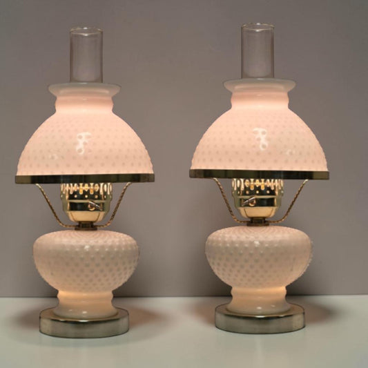 Classic white milk glass hobnail Gone with the Wind hurricane lamps—available individually or purchase both for a beautiful matching pair.