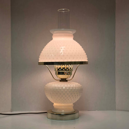Classic white milk glass hobnail Gone with the Wind hurricane lamps—available individually or purchase both for a beautiful matching pair.