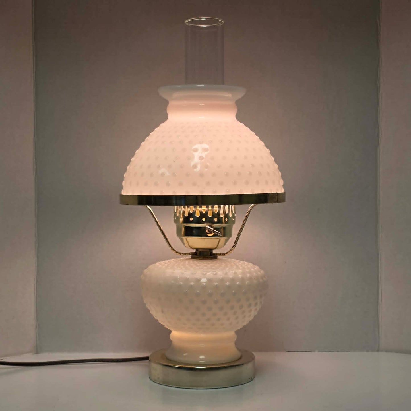 Classic white milk glass hobnail Gone with the Wind hurricane lamps—available individually or purchase both for a beautiful matching pair.