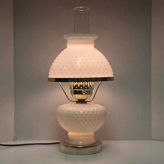 Classic white milk glass hobnail Gone with the Wind hurricane lamps—available individually or purchase both for a beautiful matching pair.