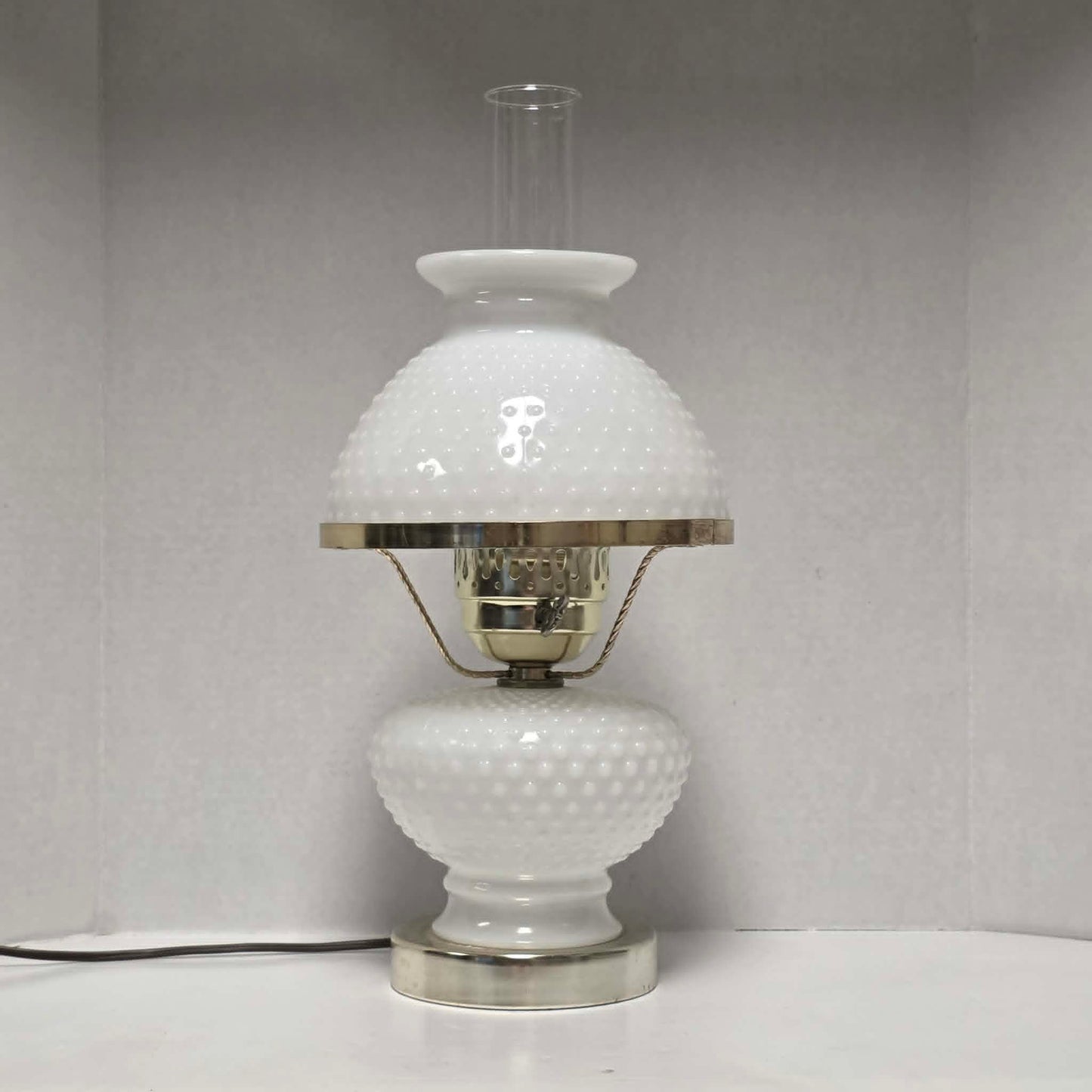 Classic white milk glass hobnail Gone with the Wind hurricane lamps—available individually or purchase both for a beautiful matching pair.