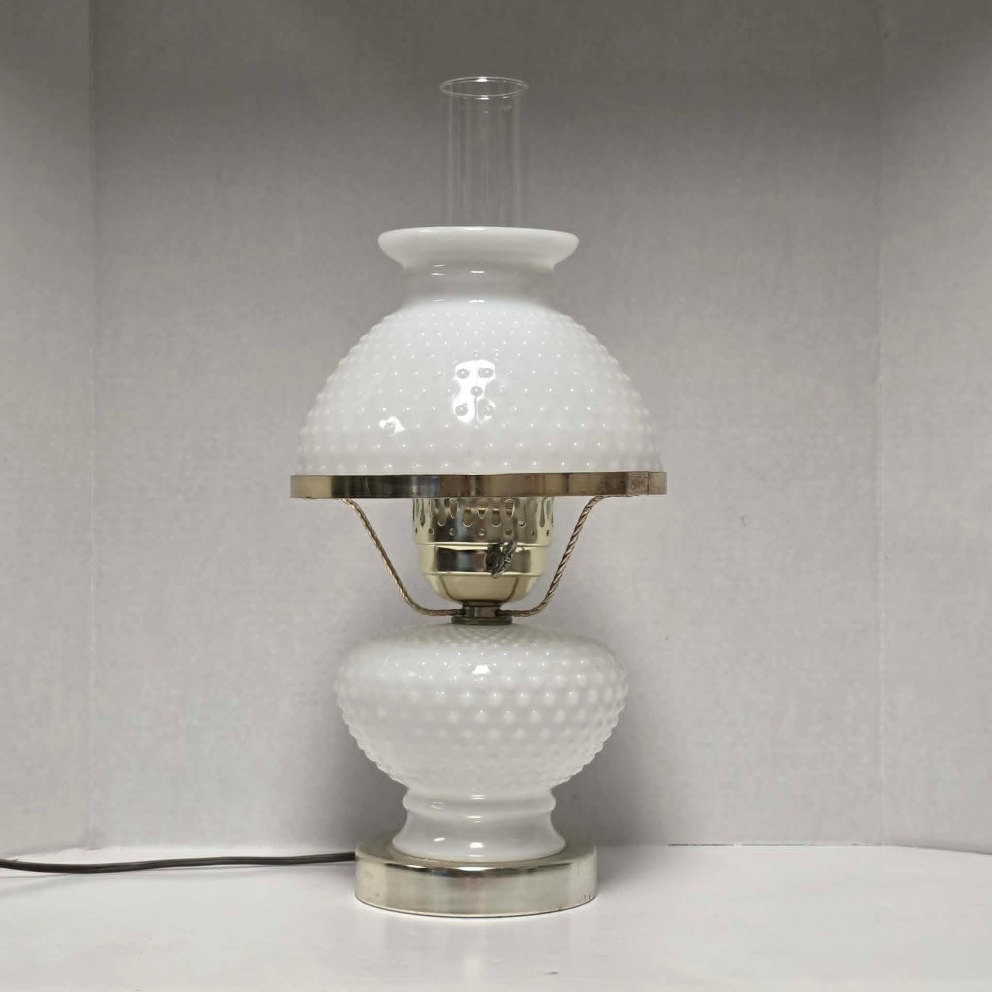 Classic white milk glass hobnail Gone with the Wind hurricane lamps—available individually or purchase both for a beautiful matching pair.