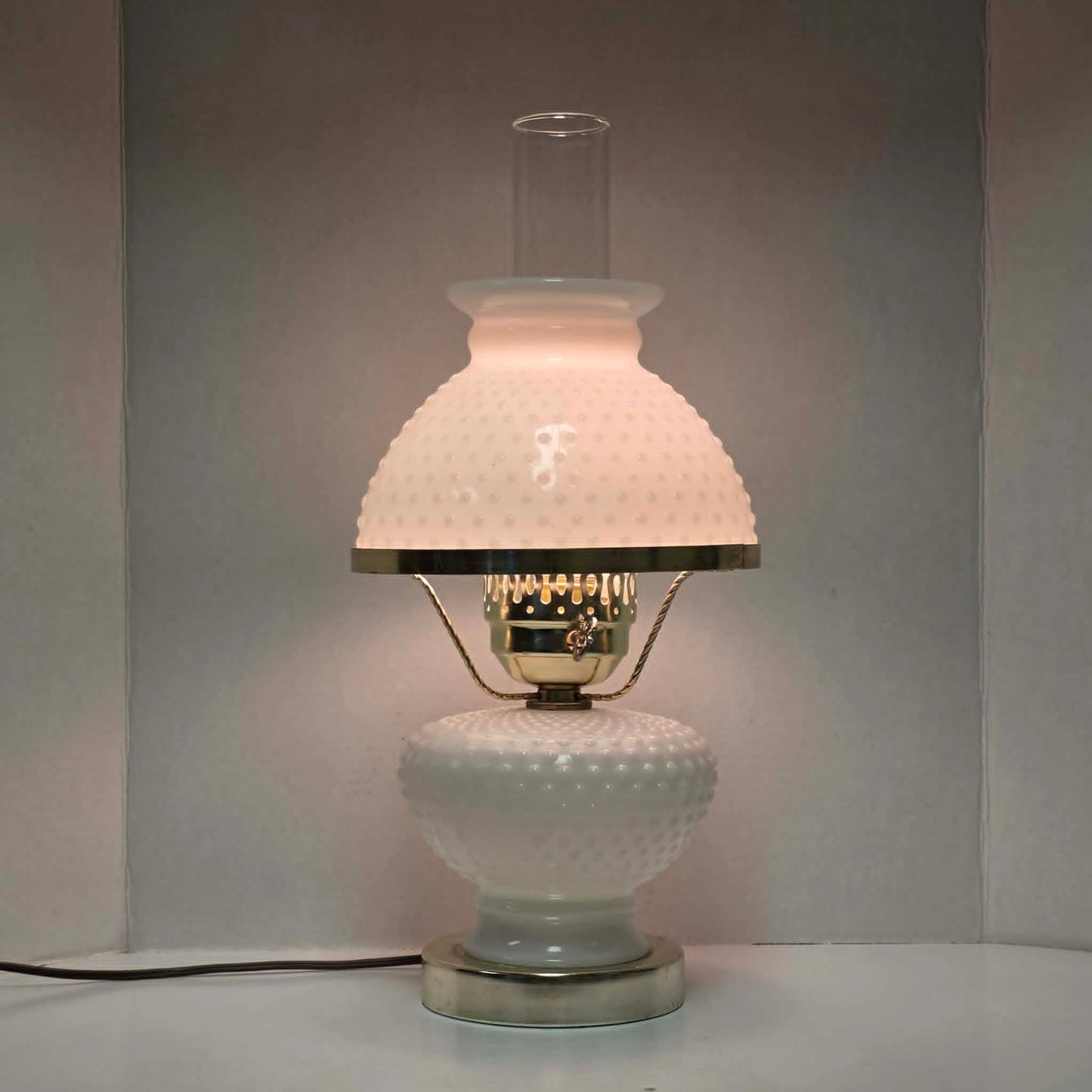Classic white milk glass hobnail Gone with the Wind hurricane lamps—available individually or purchase both for a beautiful matching pair.