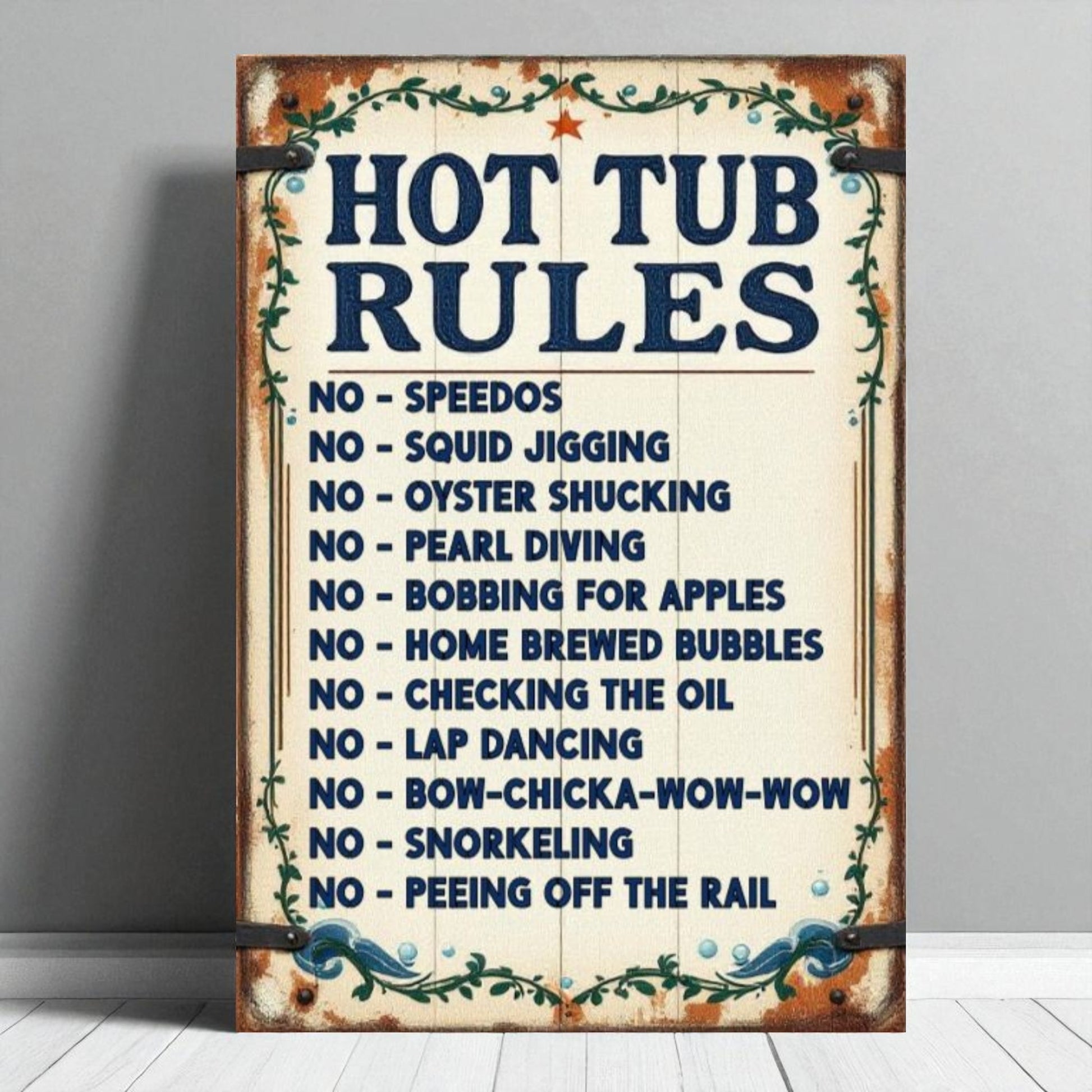 Vintage-style sign with 'Hot Tub Rules' text on a wooden background