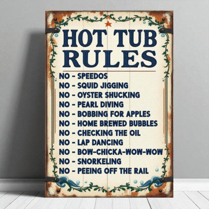 Vintage-style sign with 'Hot Tub Rules' text on a wooden background