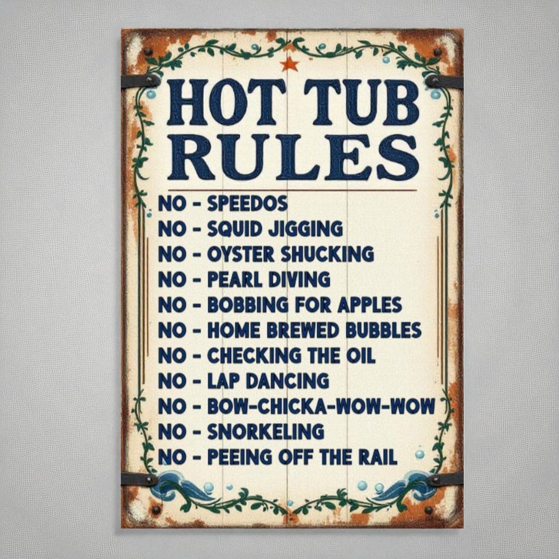 Vintage-style sign with 'Hot Tub Rules' text on a plain background