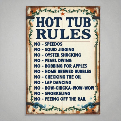 Vintage-style sign with 'Hot Tub Rules' text on a plain background