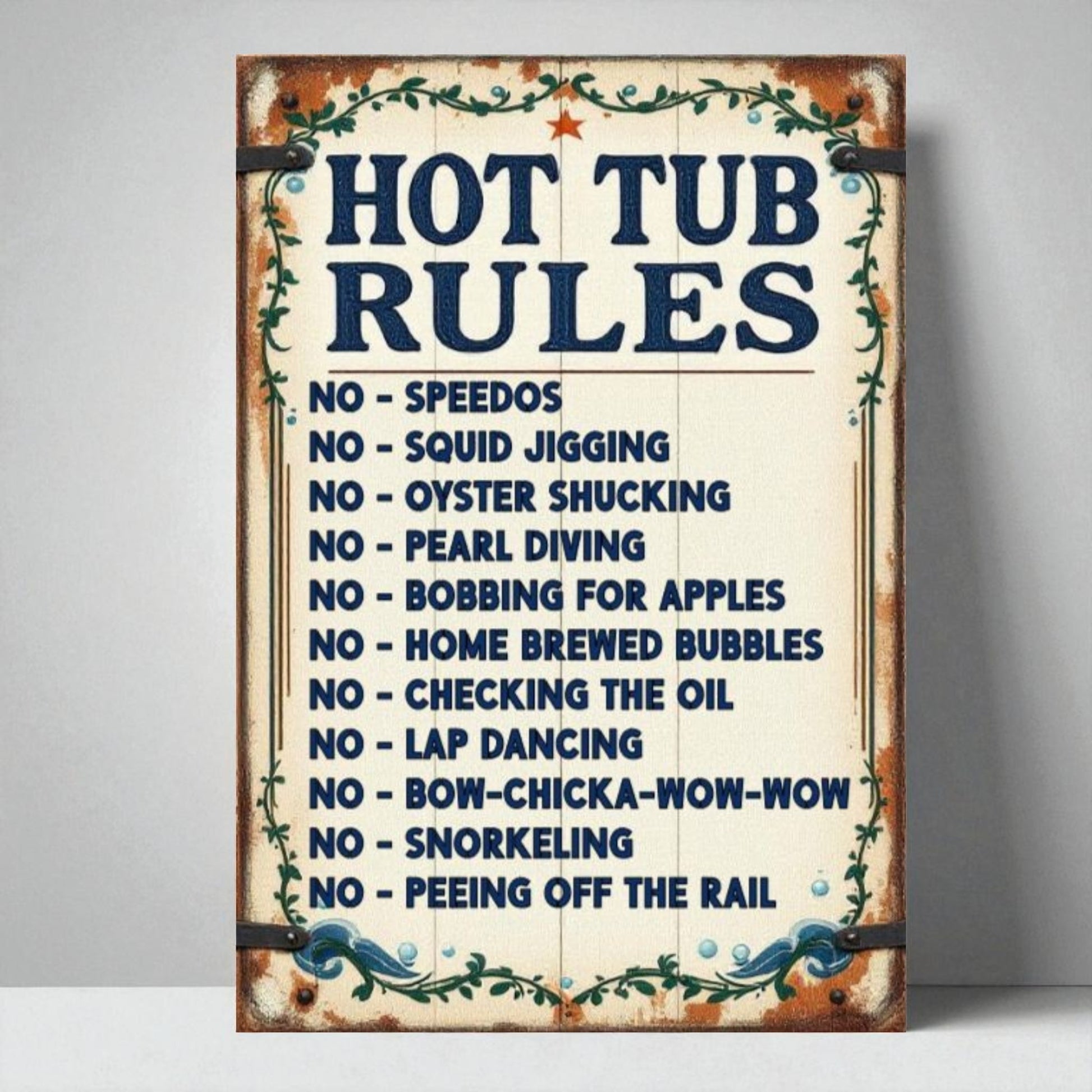 Vintage-style sign with 'Hot Tub Rules' text on a plain background