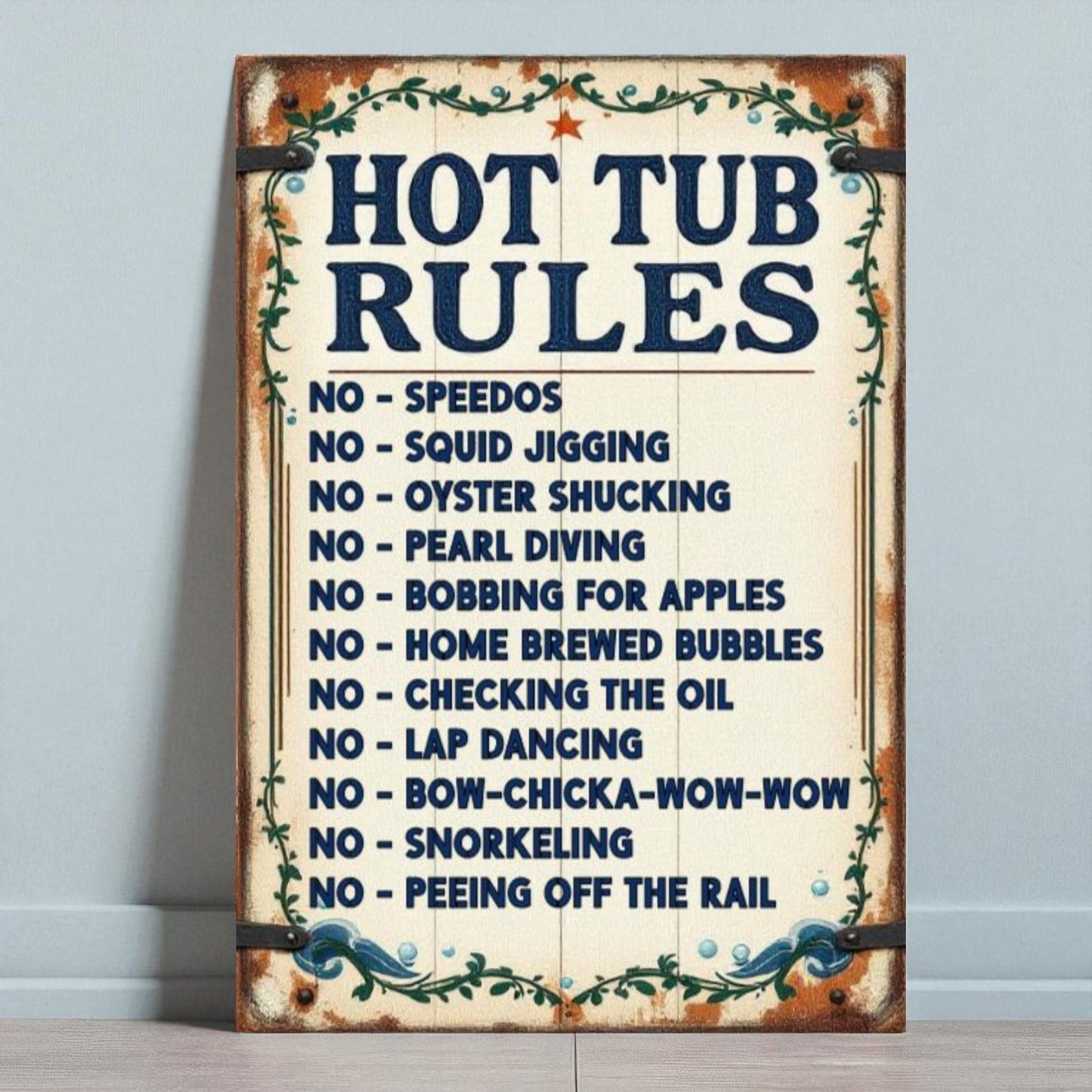 Vintage-style sign with 'Hot Tub Rules' text on a plain background