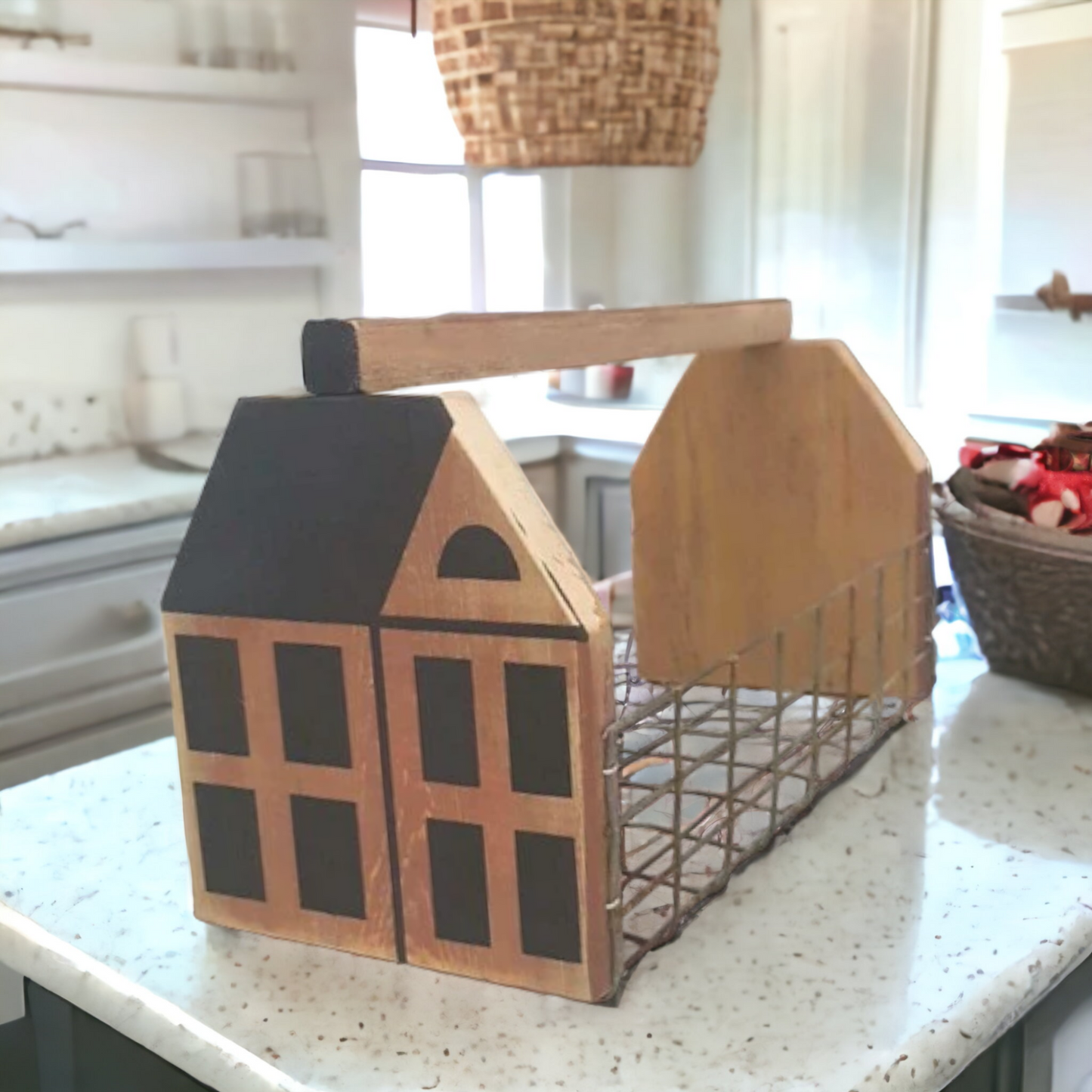 Rustic Folk Art Basket – Handmade Saltbox House Design from Reclaimed Lumber