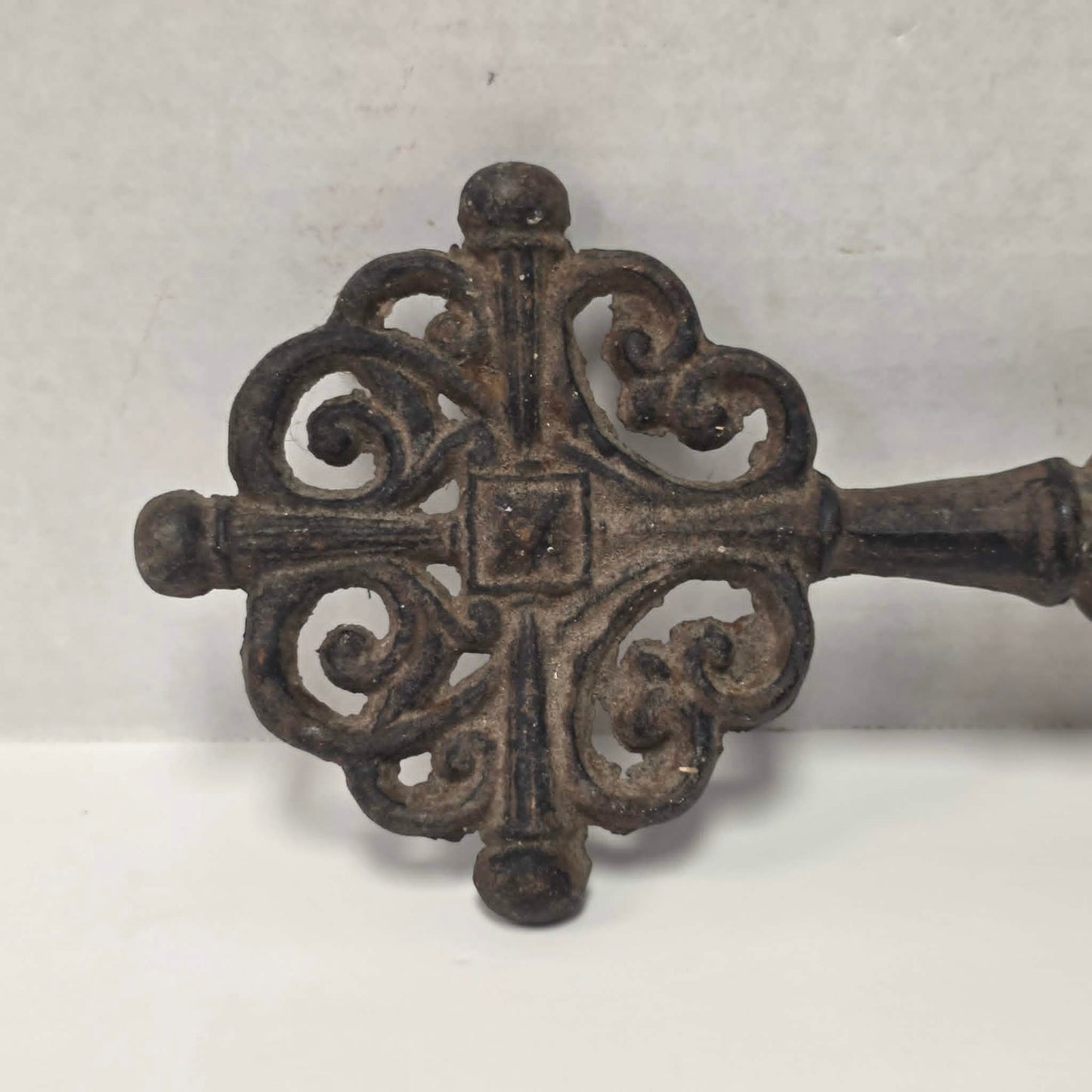 Large 12-inch cast iron Gothic castle decorative key.
