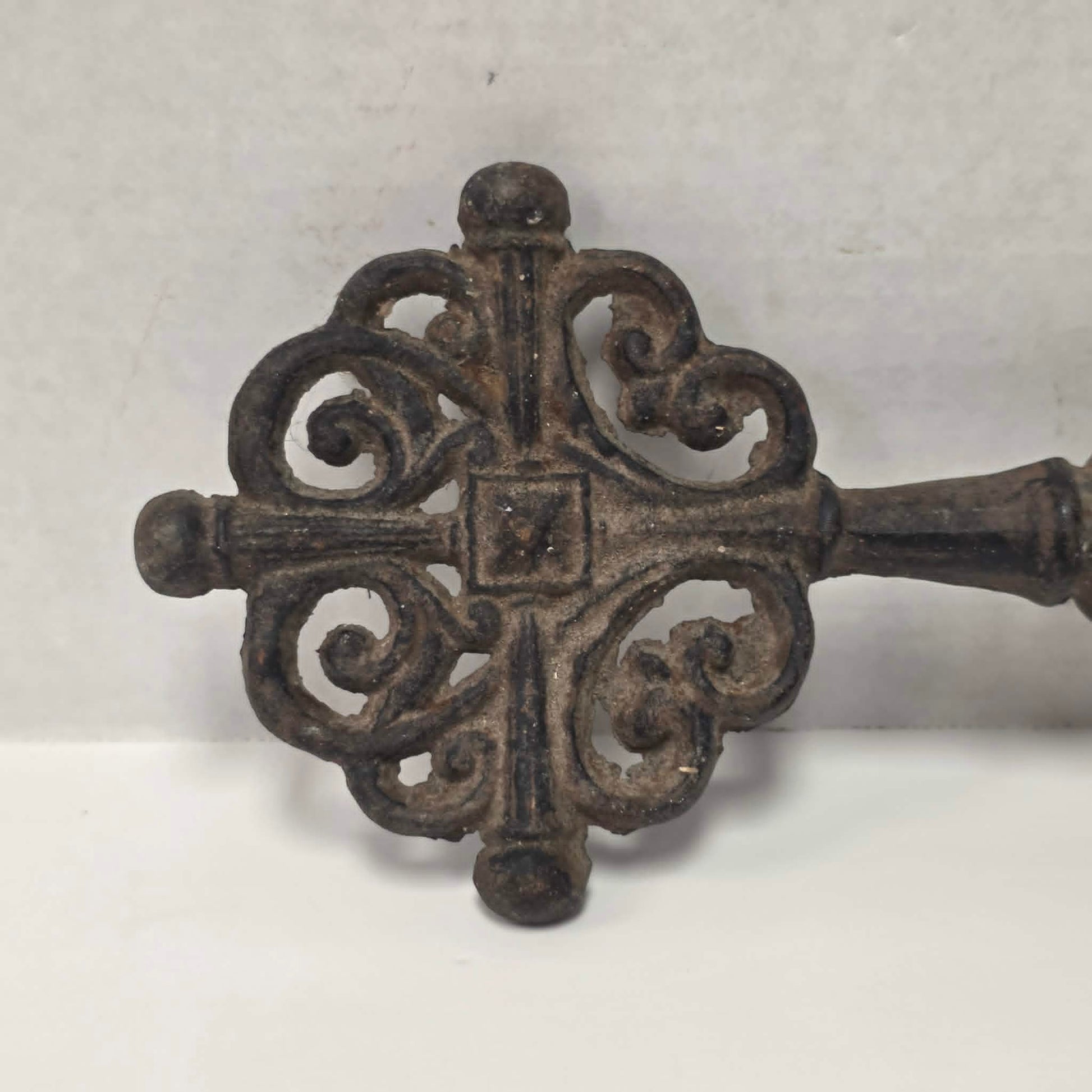 Large 12-inch cast iron Gothic castle decorative key.
