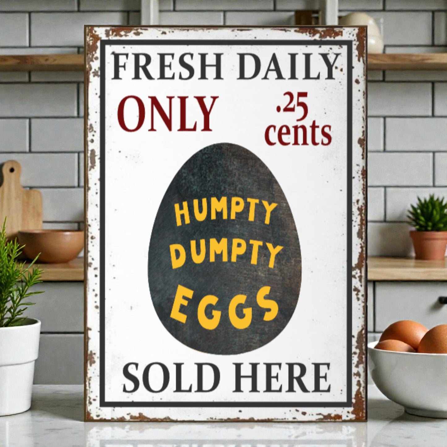 Vintage-style sign advertising 'Humpty Dumpty Eggs' with a kitchen setting in the background.