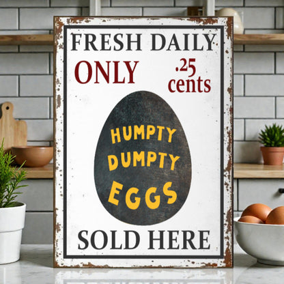 Vintage-style sign advertising 'Humpty Dumpty Eggs' with a kitchen setting in the background.