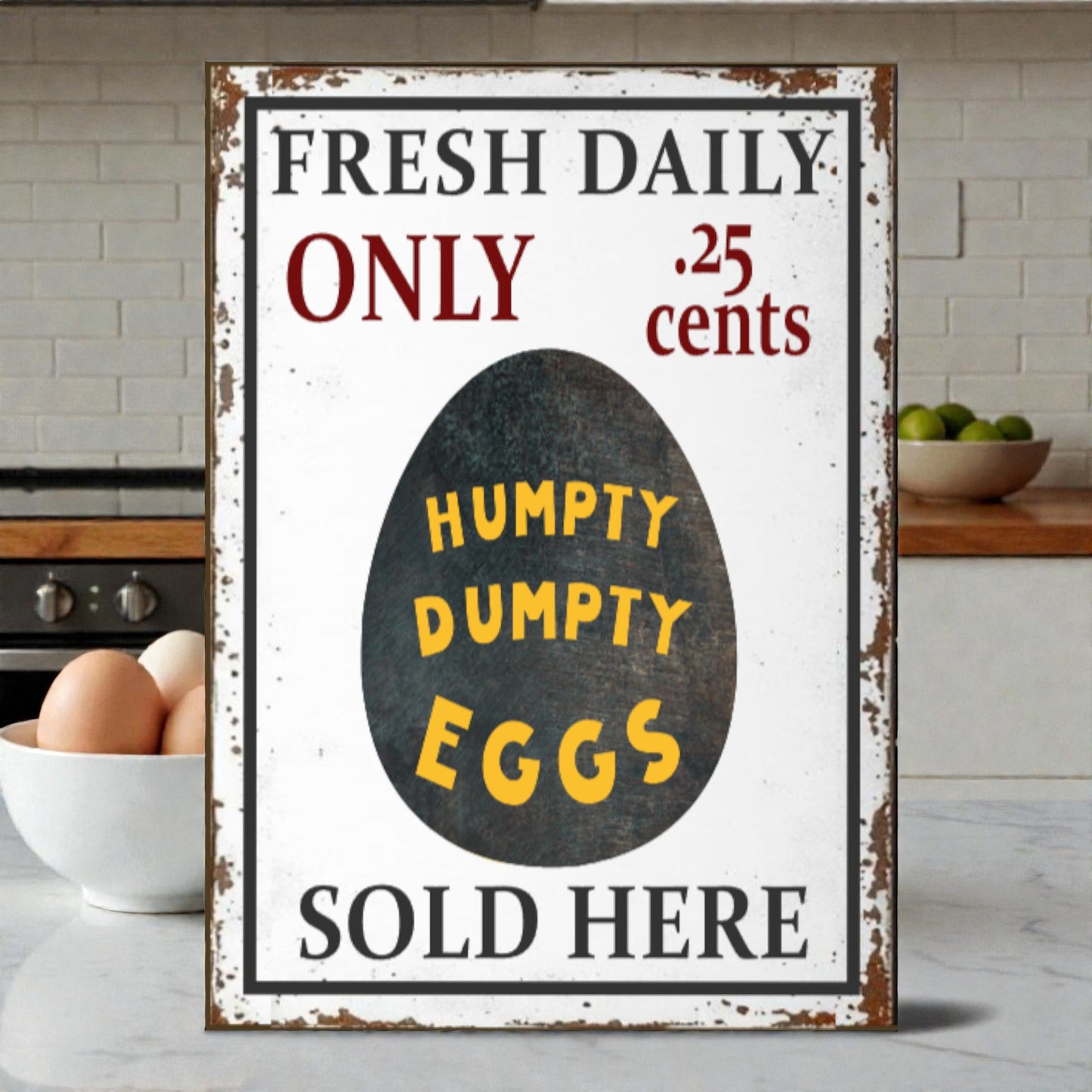 Vintage-style sign advertising 'Humpty Dumpty Eggs' with an egg illustration in a kitchen setting.